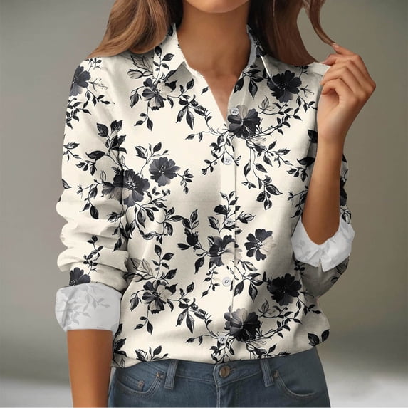 FNFYFH Button Down Shirts for Women Dressy Floral Printed Long Sleeve Blouse Collared Business Casual Work Tops