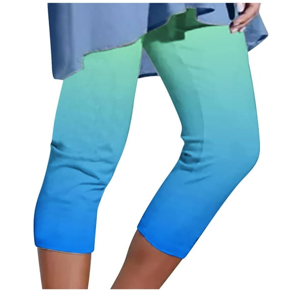 FNFYFH Capri Leggings for Women Trendy Gradient Legging Workout Capris Plus Size Beach Pants Causal Elastic Waisted Legging Blue S-5XL Clearance Deals