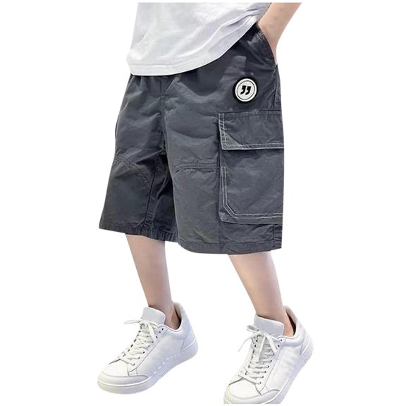 FNFYFH Cargo Shorts for Boys Cotton Half Pants Summer Solid Athletic Bottoms,Gray