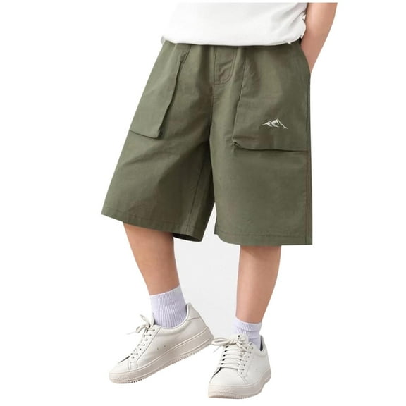 FNFYFH Cargo Shorts for Boys Cotton Half Pants with Pockets Summer Solid Athletic Bottoms Khaki