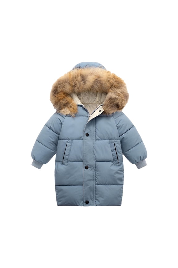 Children Puffer Down Coat Zipper Long Sleeve Jacket with Hood Winter Warm Button Outerwear with Pockets Thick Windproof Coats for Boy Girl