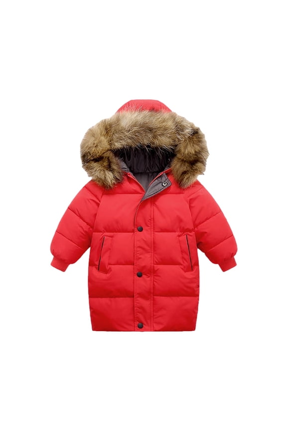 Children Puffer Down Coat Zipper Long Sleeve Jacket with Hood Winter Warm Button Outerwear with Pockets Thick Windproof Coats for Boy Girl