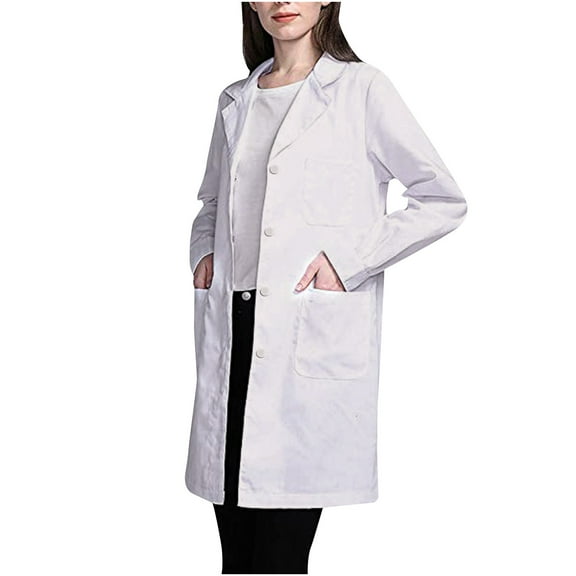 FNFYFH Cotton Lab Coat for Women, Button Long Sleeve Coats with Pockets ,White Long Jackets for Fall Winter ,2025 Loose Fit Lightweight Outerwear White XXL