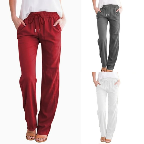 FNFYFH Cotton Linen Pants for Women Drawstring Elastic waist Straight Leg Trouser with Pockets Womens Solid Color Work Pant 2025 Causal Comfy Bottoms,Red S-3XL