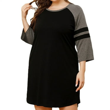 FNFYFH Clearance Fall Savings Womens Trendy 3/4 Sleeve T-shirts Dress Plus Size Summer Color Block Casual Mini Dresses Loose Fit Comfy Tops