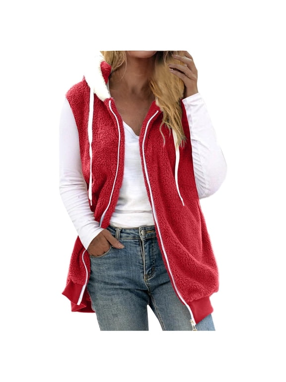 Clearance Fleece Vest for Women Zipper Sleeveless Vests with Drawstring Fall Winter Color Block Hooded Coat 2025 Womens Trendy Plus Size Jackets Blue S-5XL