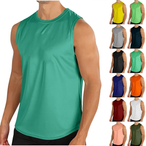 FNFYFH Men's T-shirts Tank Tops Green, Fashionable Men's Solid Color Tight Fitting Casual Sleeveless Fitness Top Mens $15 & Under Fashion Savings