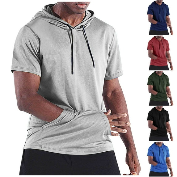 FNFYFH Mens Short Sleeve Hooded Tops with Pocket Summer Trendy Drawstring Pullover T Shirts Gray,XXL