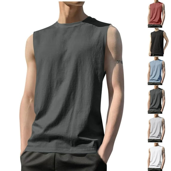 FNFYFH Mens Workout Training Tanks Sleeveless Shirts Black, Men's Solid Color Exercise Close-fitting High Resilience Round Neck Fitness Short-sleeved Top Fashion Savings $15 & Under