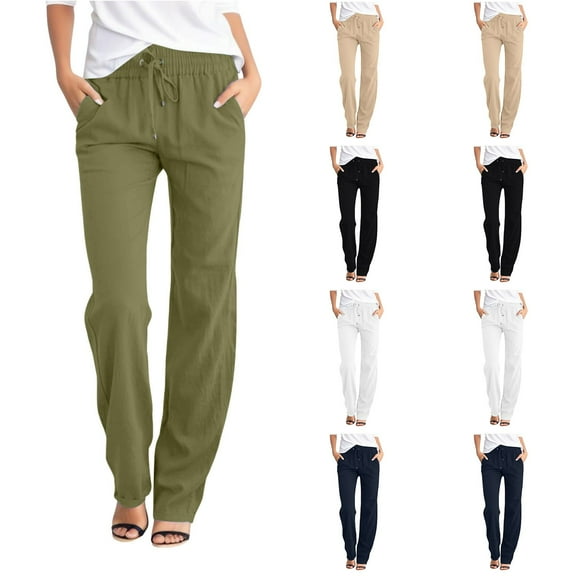 FNFYFH Pants for Women with Pockets Cotton Linen Pant 2025 Womens Drawstring Elastic waist Straight Leg Trousers Causal Comfy Solid Color Trouser,Green S-3XL