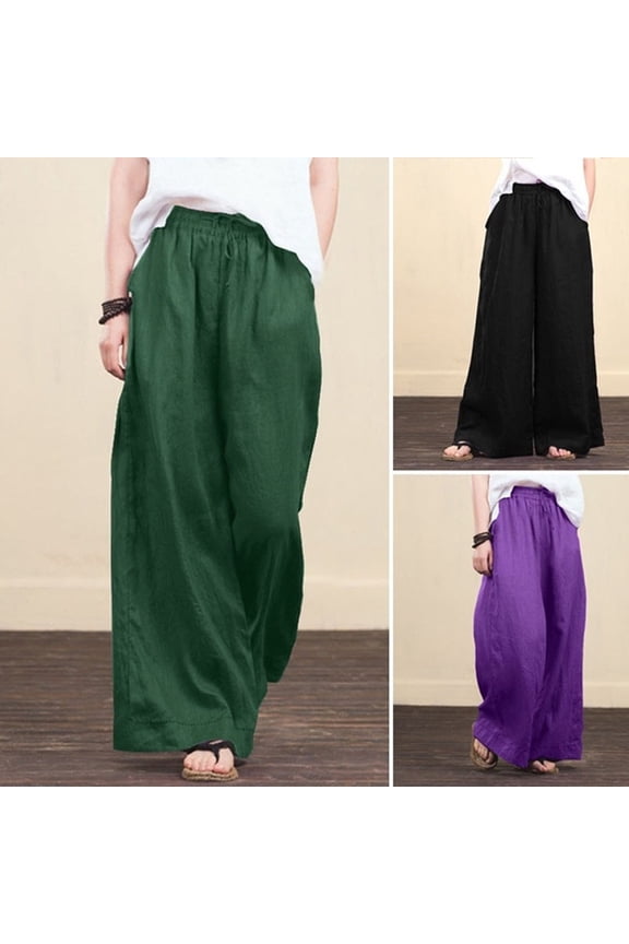 Plus Size Cotton Linen Pants for Women Flowy Wide Leg Pant with Pockets Drawstring Elastic waist Palazzo Trousers 2025 Womens Solid Color Slacks,Green S-5XL