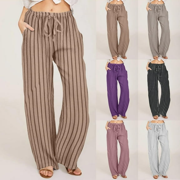 FNFYFH Striped Pants for Women Wide Leg Trousers with Pockets Drawstring Elastic waist Cotton Linen Pant Fashion 2025 Womens Summer Loose Fit Breathable Palazzo Trouser,Khaki S-3XL