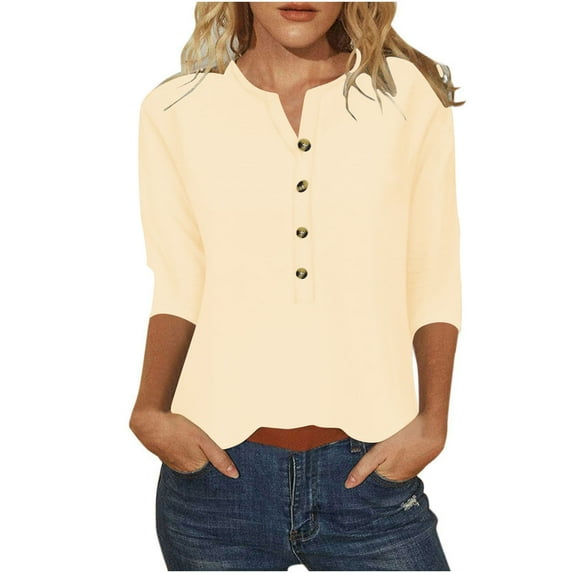 FNFYFH Button 3/4 Sleeve Shirt for Women Henley V Neck Blouses Lightweight Loose Fit Tunic Blouses
