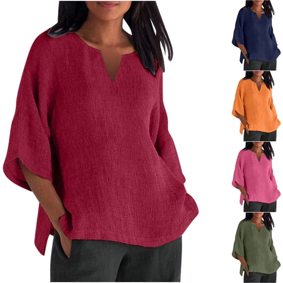 FNFYFH Women's Cotton Linen Shirts 3/4 Sleeve Tops Plus Size Tunic Shirt,Red
