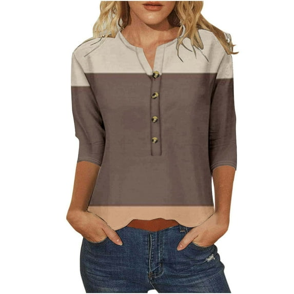 FNFYFH Button Down V Neck Tshirts for Women 2025 Fashion Color Block 3/4 Sleeve Blouses Casual Loose Printing Tunics Clothes
