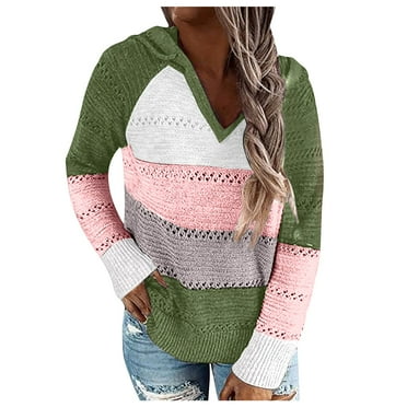 FNFYFH Color Block Hoodies for Women Hallow Out Sweater with Hood Causal Long Sleeve V Neck Hooded 2025 Ladies Drawstring Sweaters Plus Size Green S-5XL Clearance Deals
