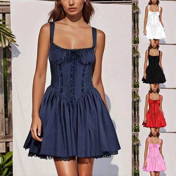 FNFYFH Corset Dresses for Women Spaghetti Straps Short Mini Floral Lace Bustier Dress Summer Boho Sundress Graduation Party Mini Dress