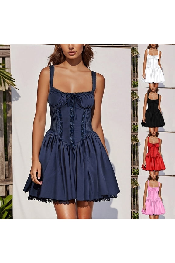 Corset Dresses for Women Spaghetti Straps Short Mini Floral Lace Bustier Dress Summer Boho Sundress Graduation Party Mini Dress