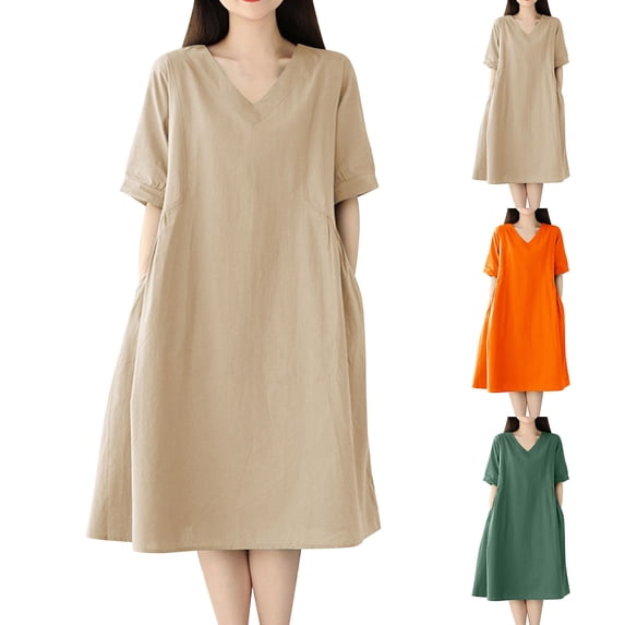 FNFYFH Cotton Dresses for Women Loose Fit 2026 Short Sleeve V Neck Sundress Beach Vacation Midi Dress with Pockets