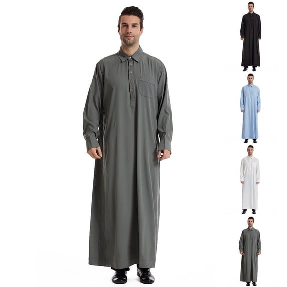 FNFYFH Cotton Kaftan for Men Long Sleeve Muslim Robe Kaftan Thobe with Pockets