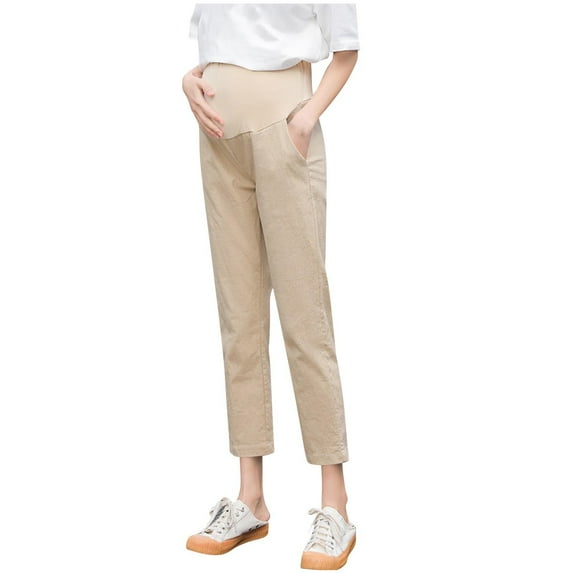 FNFYFH Cotton Linen Maternity Pants Over The Belly Pregnancy Work Trousers Comfy Breahable Everyday Maternity Pants