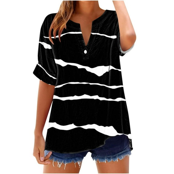 FNFYFH Cotton Linen Shirts for Women Striped Tops V Neck Short Sleeve Tees Long Top,Pink