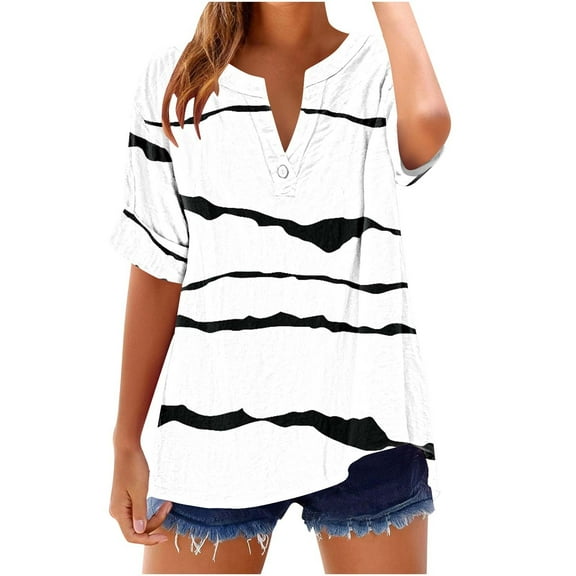 FNFYFH Cotton Linen Shirts for Women Striped Tops V Neck Short Sleeve Tees Long Top,Pink