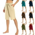 thumbnail image 1 of FNFYFH Cotton Linen Shorts for Women Drawstring Elastic Waisted Bermuda Shorts with Pockets 2025 Womens Causal Solid Color Half Pants Bottoms,Khaki S-XXL, 1 of 5