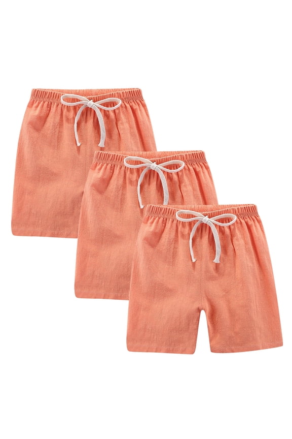 Cotton Linen Shorts for Girls 3 Pack Drawstring Elastic Waisted Shorts Solid Short Pants,Black