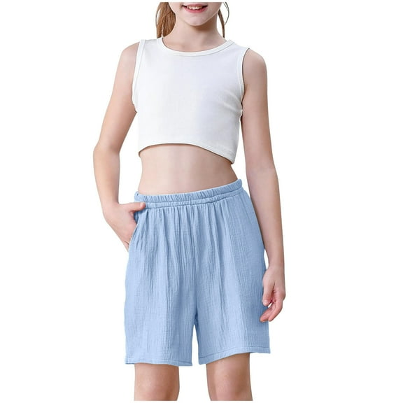 FNFYFH Cotton Linen Shorts for Girls 3 Pack Drawstring Elastic Waisted Shorts Solid Short Pants,White