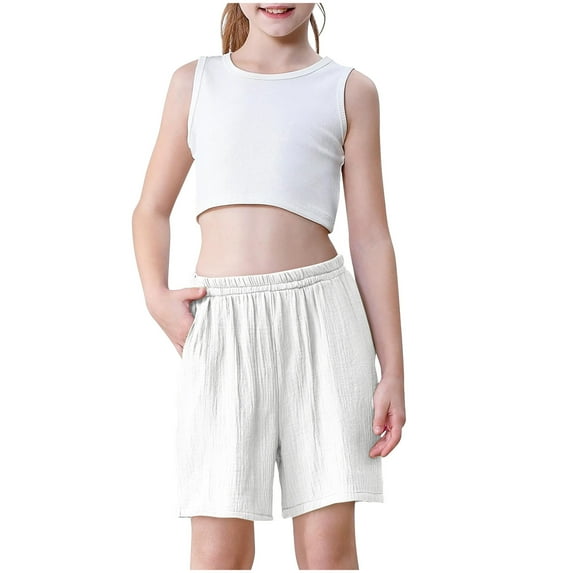 FNFYFH Cotton Linen Shorts for Girls 3 Pack Drawstring Elastic Waisted Shorts Solid Short Pants,White
