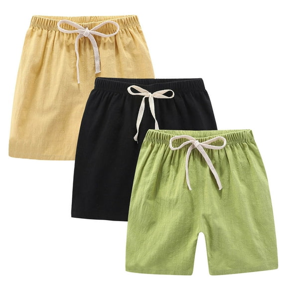 FNFYFH Cotton Linen Shorts for Girls 3 Pack Drawstring Elastic Waisted Shorts Solid Short Pants,Yellow