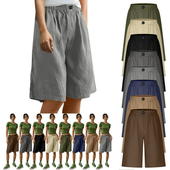FNFYFH Cotton Linen Shorts for Women Half Pants Elastic Waisted Wide Leg Short Pants Womens Summer Loose Fit Comfy Solid Color Bottoms,Brown S-3XL