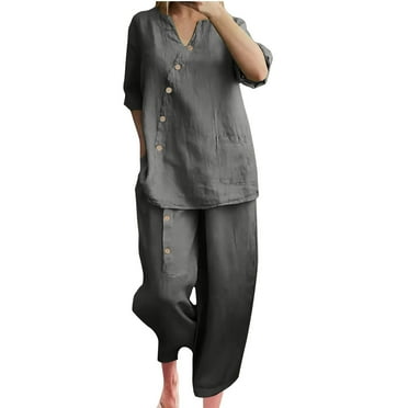 FNFYFH Cotton Linen Suits for Women Causal 3/4 Sleeve V Neck Tops Sets 2025 Solid Button Outfits Womens Suits Plus Size Comfy Straight Wide Leg Pants Sets S-XXXXXL Clearance Deals