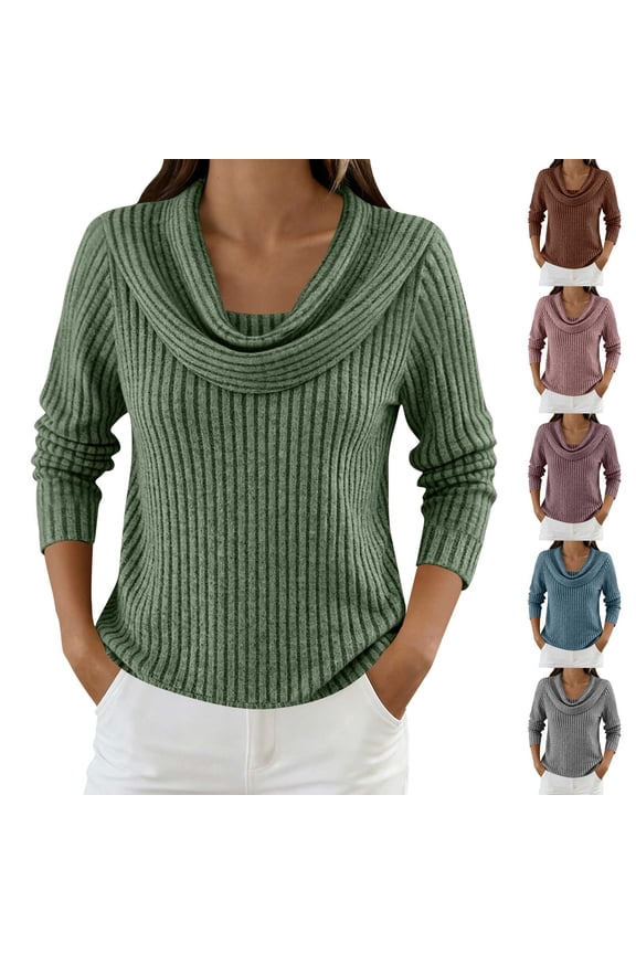 FNFYFH Cowl Neck Tops for Women Long Sleeve Ribbed Tops Lightweight Sweaters