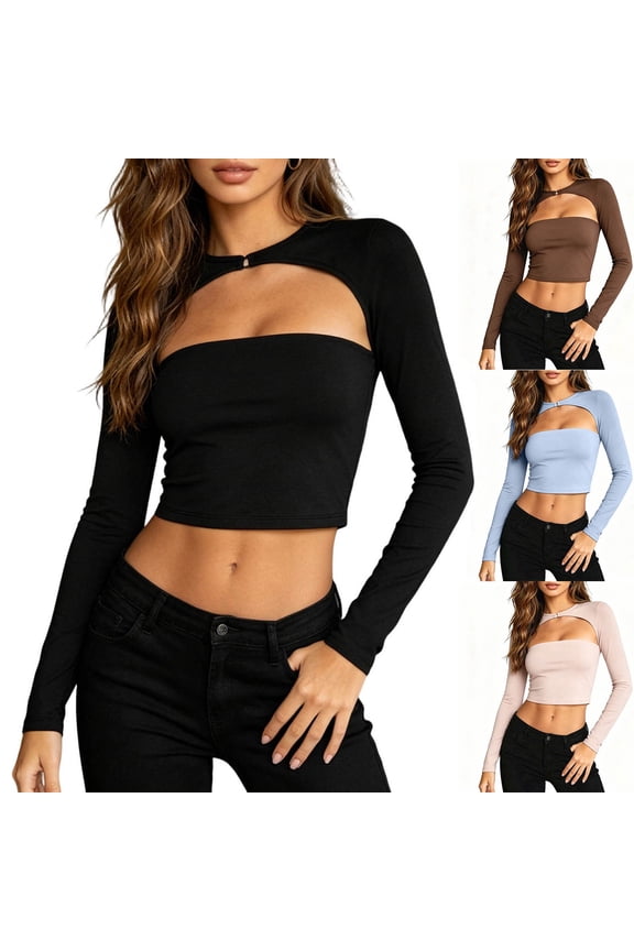 FNFYFH Crop Tops for Women Long Sleeve Shrugs and Tube Top Set Y2k Going Out Rave Outfits