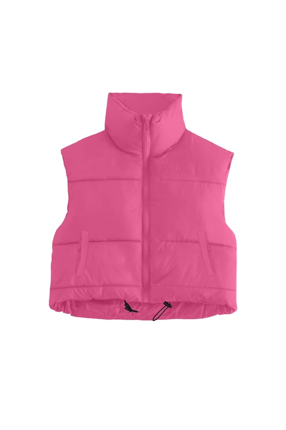 Cropped Puffer Vest Women Sleeveless Zip Up Bubble Down Jacket Stand Collar Puffy Vest Gilet Outwear Waistcoat