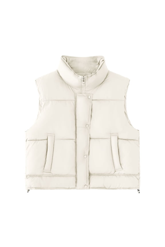 Cropped Puffer Vest for Women Sleeveless Zip Up Winter Coats Stand Collar Warm Quilted Gilet Waistcoat