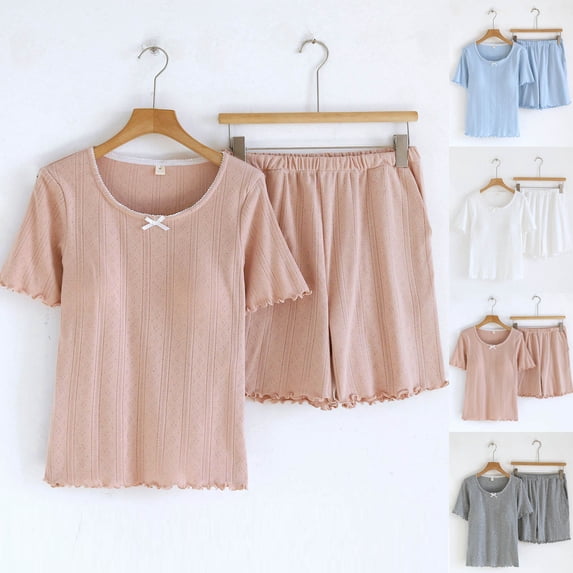 FNFYFH Cute Pjs Set for Women Ribbed Knit Cotton Sleepwear Short Sleeve Lounge Pajamas Set with Built in Bra