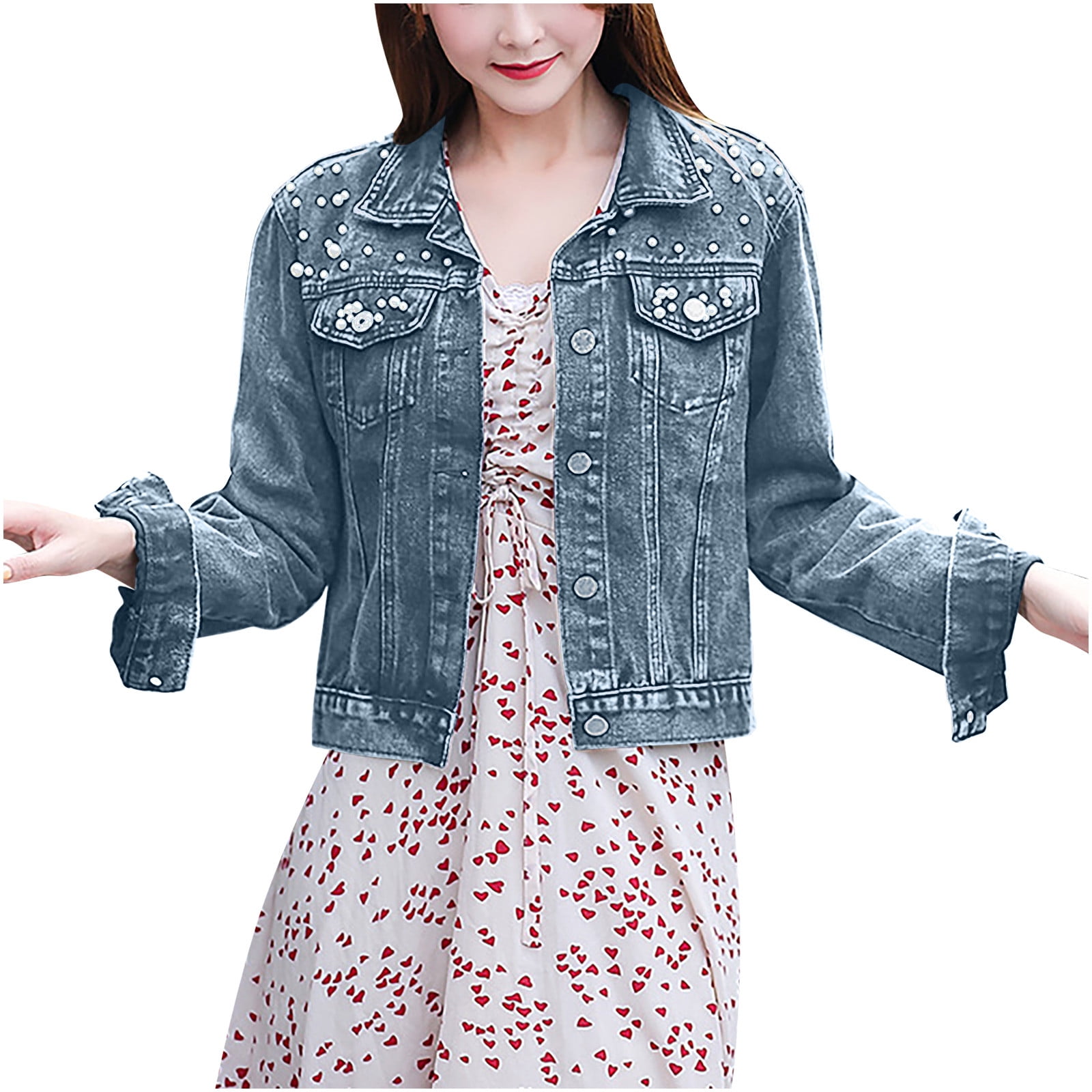 Black Jean Jacket Blue Long Sleeve Ripped Denim Jacket -SheIn