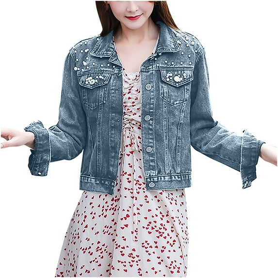 FNFYFH Denim Jackets for Women Button Long Sleeve Cropped Coats 2025 Fashion Jean Jacket with Rivet Studded Denim Causal Comfy Solid Outerwear Blue XL
