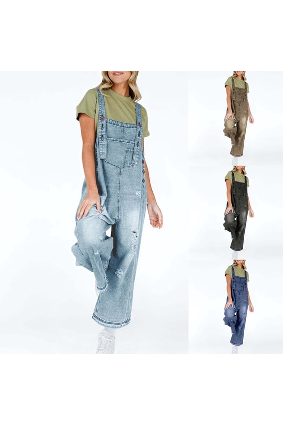 Denim Jumpsuit for Women Loose Adjustable Strap Denim Bib Overalls Jeans Distressed Ripped Wide Leg Baggy Overall Jumpsuit