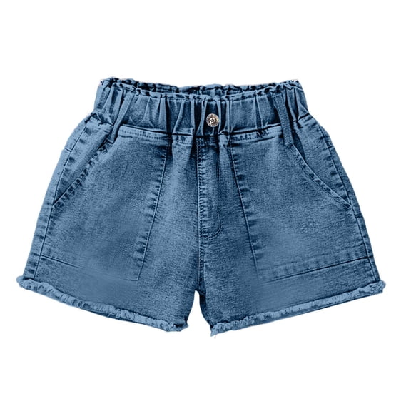 FNFYFH Denim Shorts for Girls Summer Elastic Waisted Shorts with Pockets Kids Short Pants,Blue