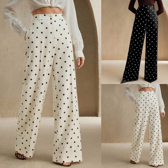 FNFYFH Dress Pants Women 2026 Summer Polka Dot Palazzo Wide Leg Trousers Flowy Business Casual Slacks for Work with Pockets