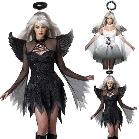 FNFYFH Fallen Angel Costume Women with Wings and Halo Adult Halloween Costumes for Women Angel Costume for Woman