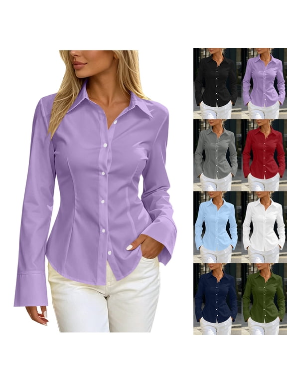 Fitted Button Down Shirts for Women Long Sleeve Collared Shirt Office Work Blouse Tops