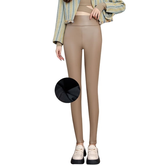 FNFYFH Fleece Lined Leggings for Women High Waist High Faux Leather Leggings Stretchy Pleather Pants Winter Termal Tights