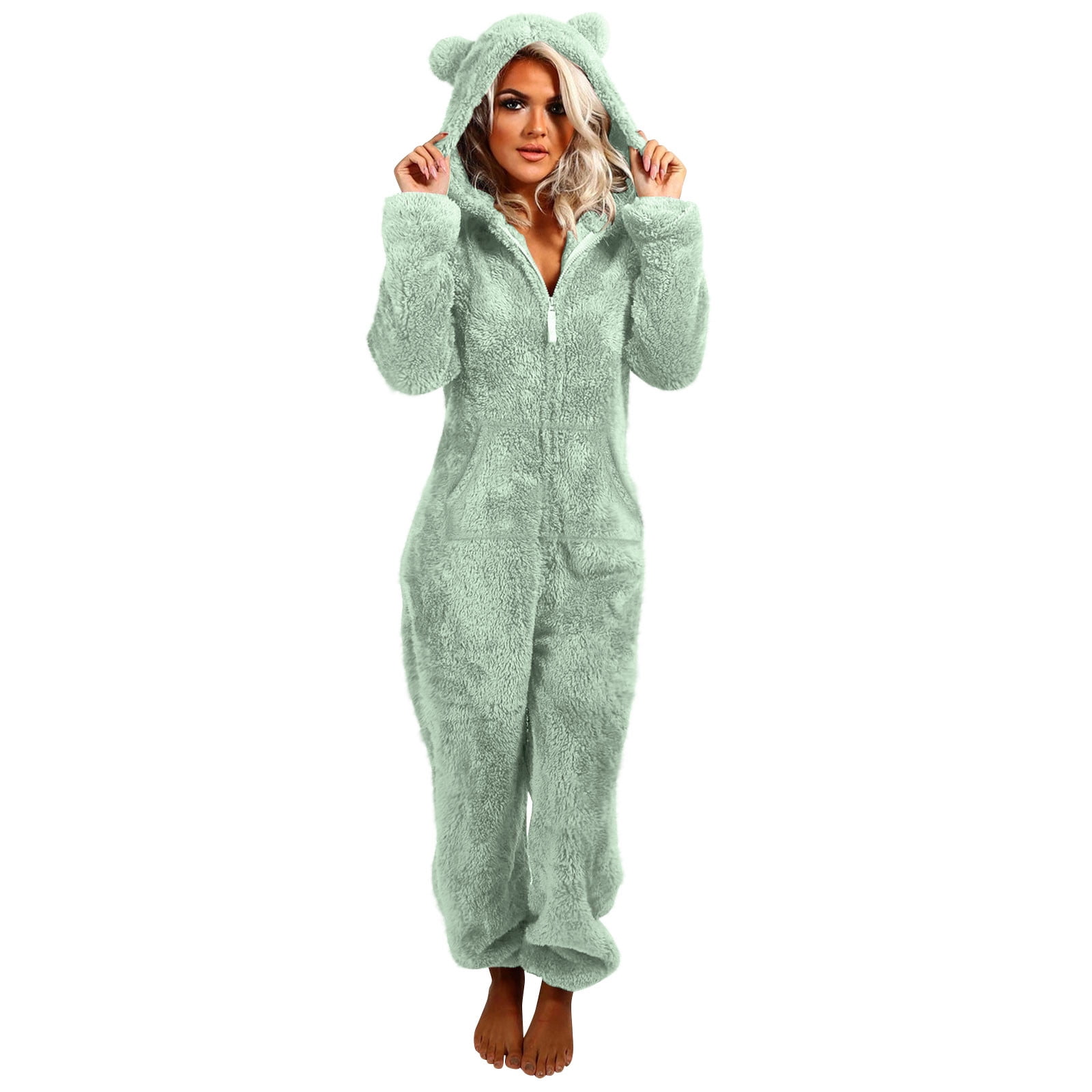 FNFYFH Fleece Onesie Pajamas for Women Fuzzy Sherpa Hooded Romper One Piece Winter Sleepwear Flannel Pajama Jumpsuit