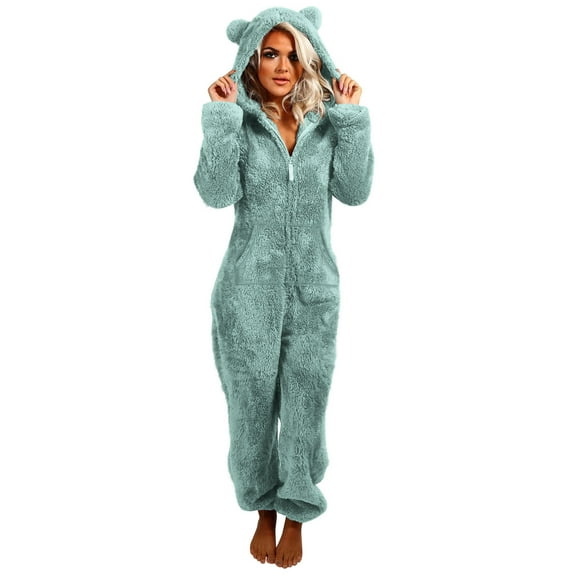 FNFYFH Fleece Onesie Pajamas for Women Fuzzy Sherpa Hooded Romper One Piece Winter Sleepwear Flannel Pajama Jumpsuit
