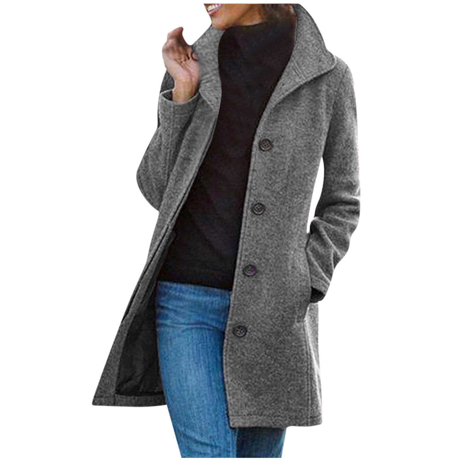FNFYFH Fleece Peacoats for Women Wool Blend Notched Lapel Single Breasted Coat Winter Button Long Sleeve Jackets Outerwear 2025 Warm Overcoats with Pockets XXL